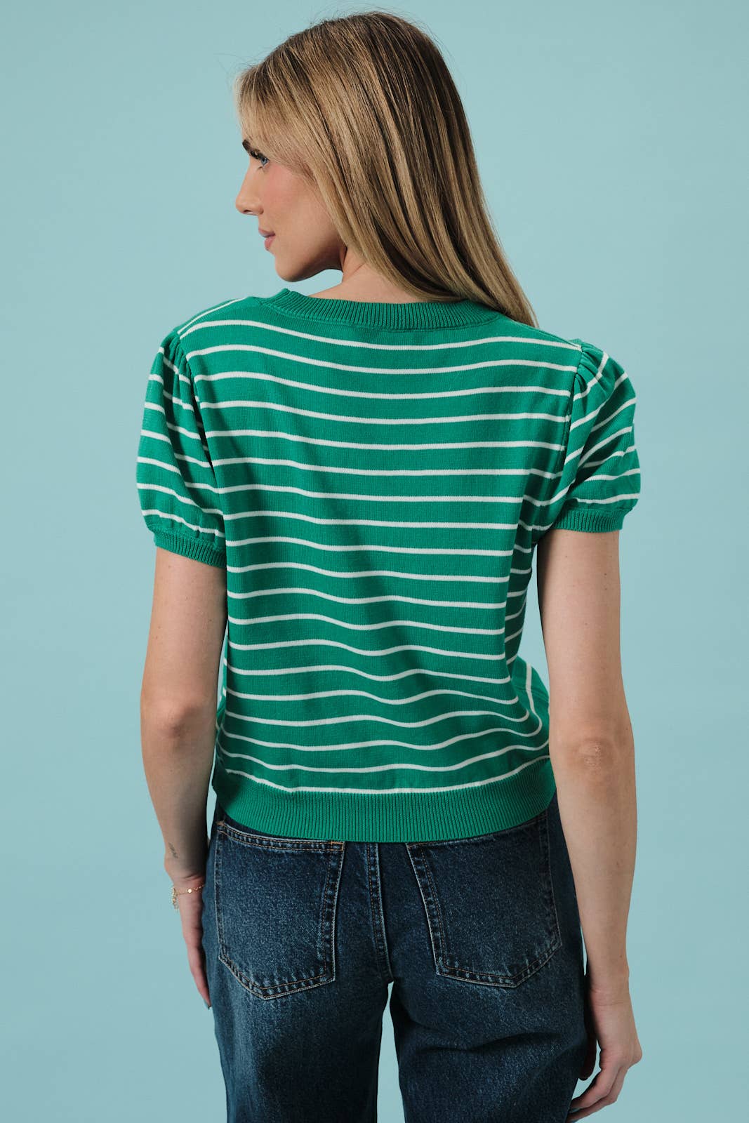 HALF SLEEVE CREW NECK PUFF STRIPED SWEATER TOP