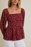 SQUARE NECK PUFF LONG SLEEVE SMOCKING BACK DITSY TOP