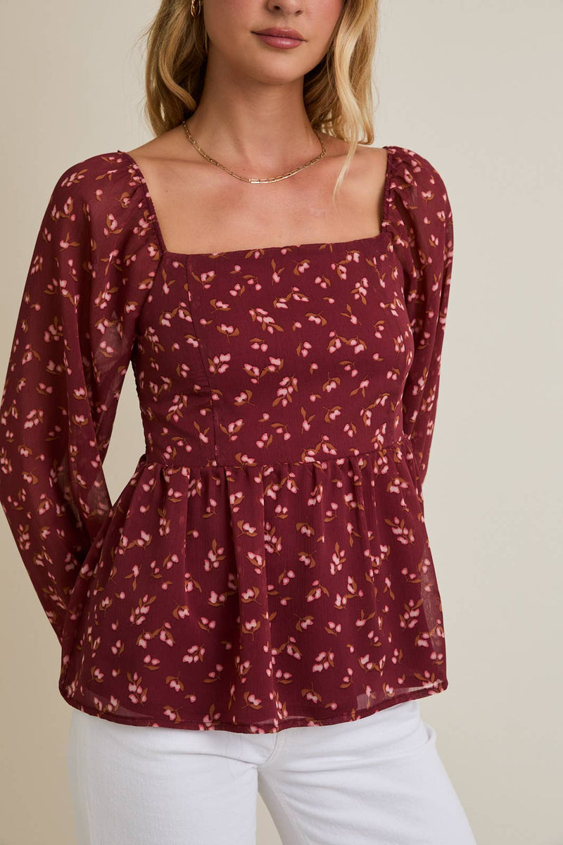 SQUARE NECK PUFF LONG SLEEVE SMOCKING BACK DITSY TOP