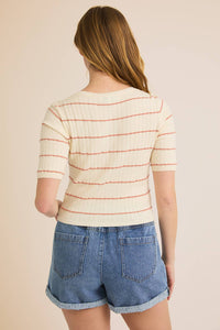 ROUND NECK HALF SLEEVE STRIPE RIBBED TOP
