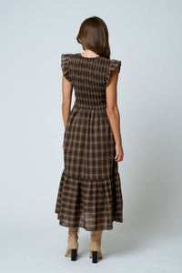 Plaid Smocked V-Neck Button Down Ruffled Midi Dress
