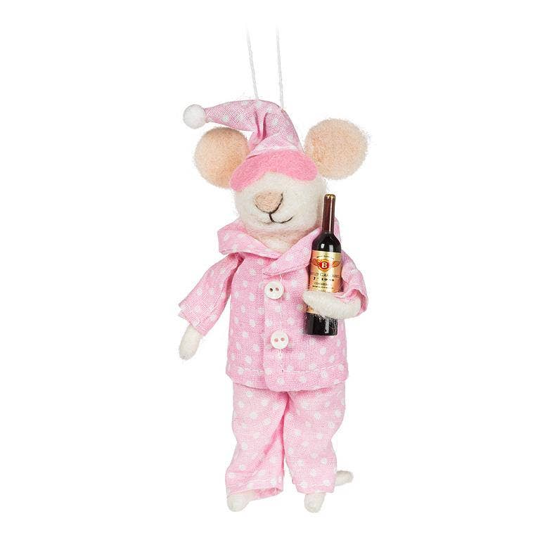 Pajama Mouse with Wine Ornament-Pink