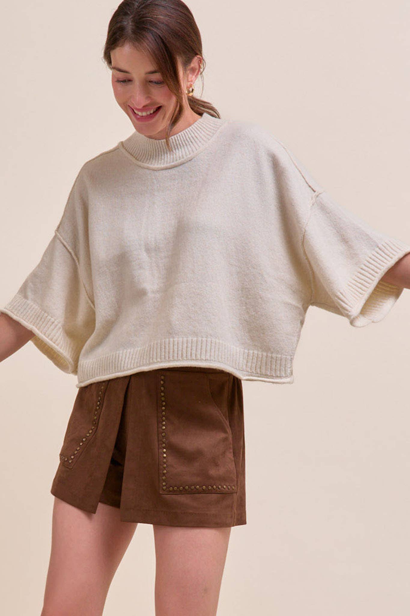 Marled Knit Mock Neck Short Sleeve Sweater