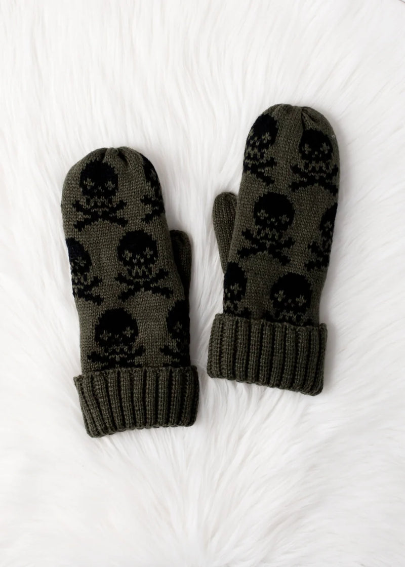 Olive Skull Hat and Mitten Set