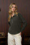 MOCK NECK HALF SNAP BUTTON LONG SLEEVE KNIT TOP
