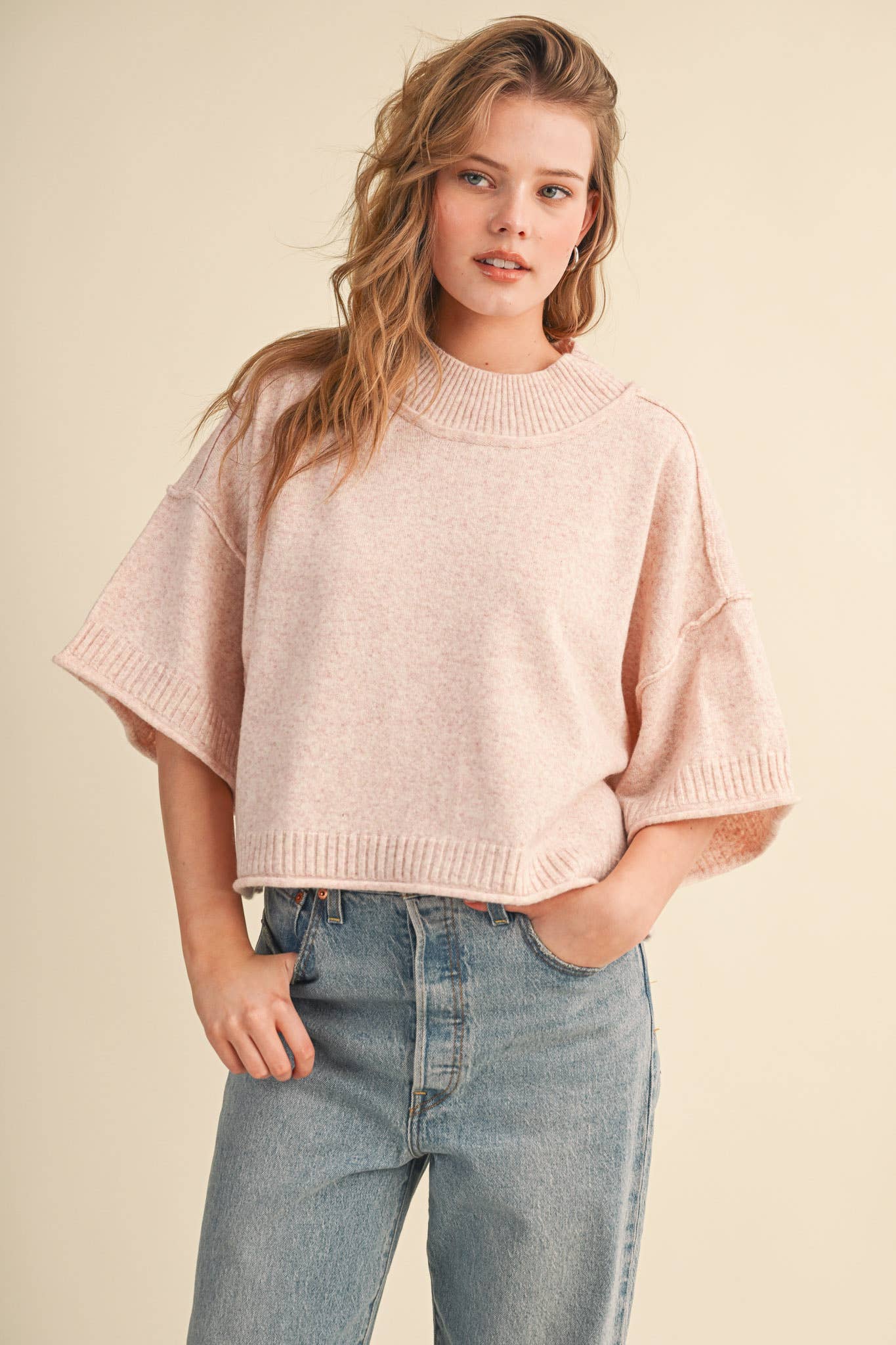 Marled Knit Mock Neck Short Sleeve Sweater