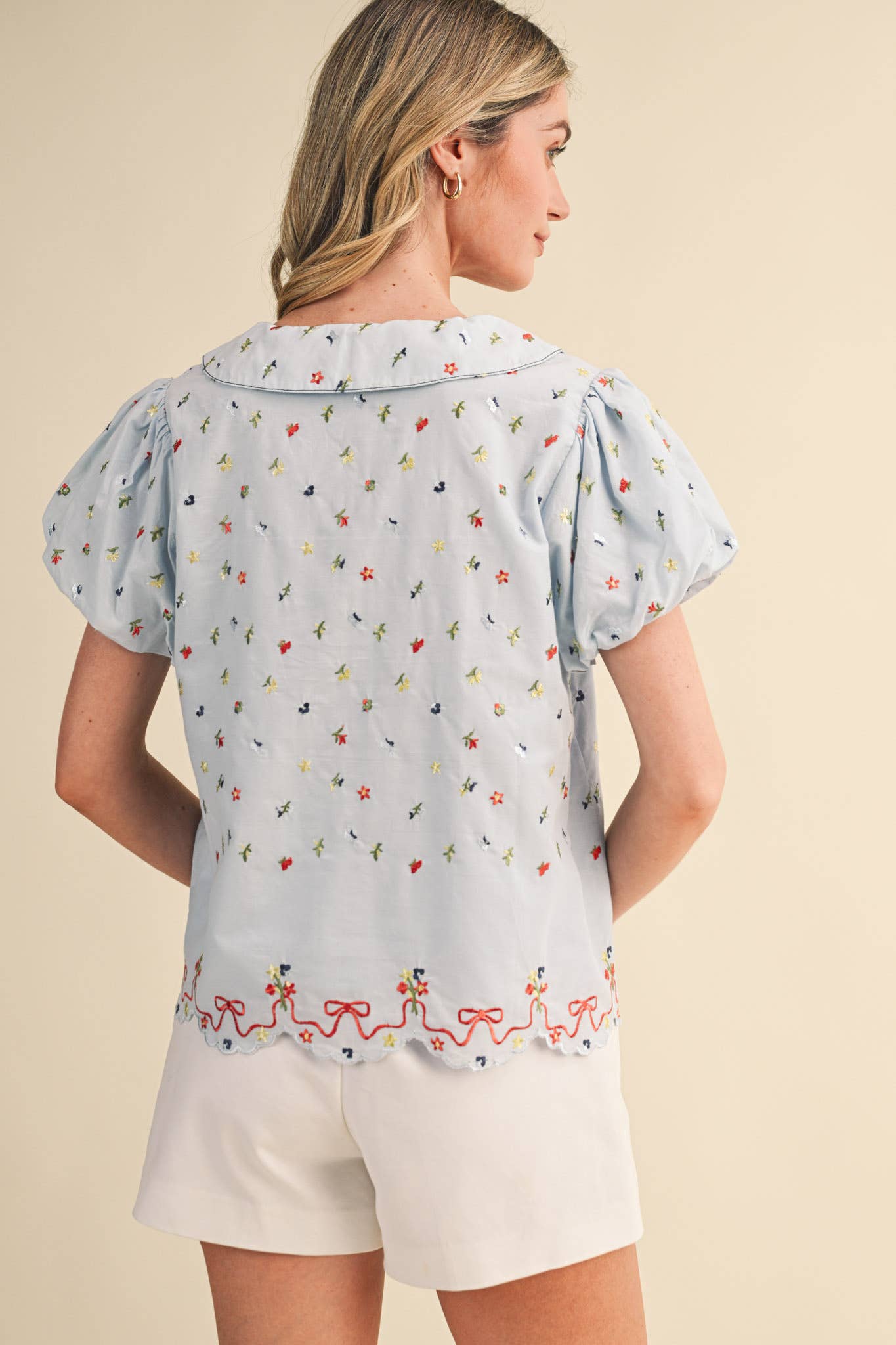 Embroidered Floral Bubble Sleeve Button Down Top