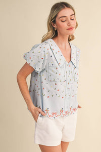 Embroidered Floral Bubble Sleeve Button Down Top