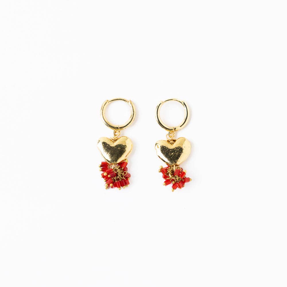 Ruby Small Brass Heart Hoop Earrings Red
