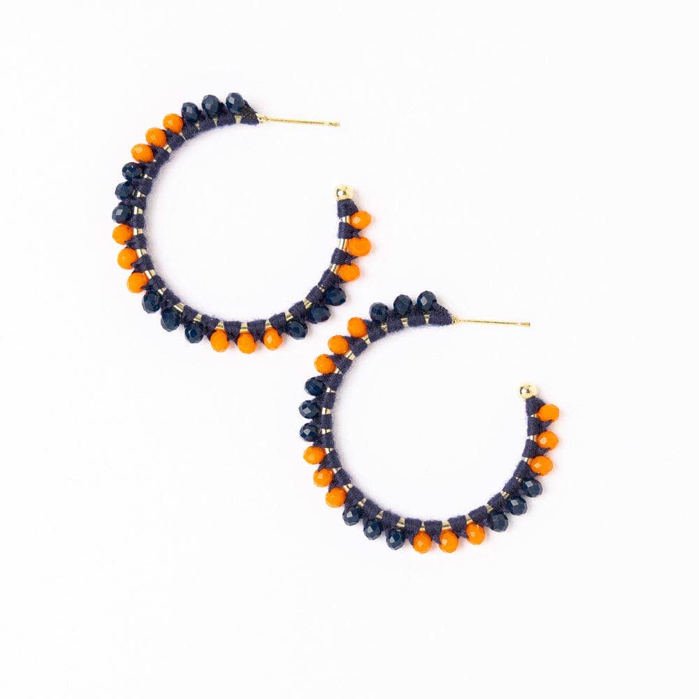 Game Day Crystal Threaded Beads Hoop Earrings Navy + Orange