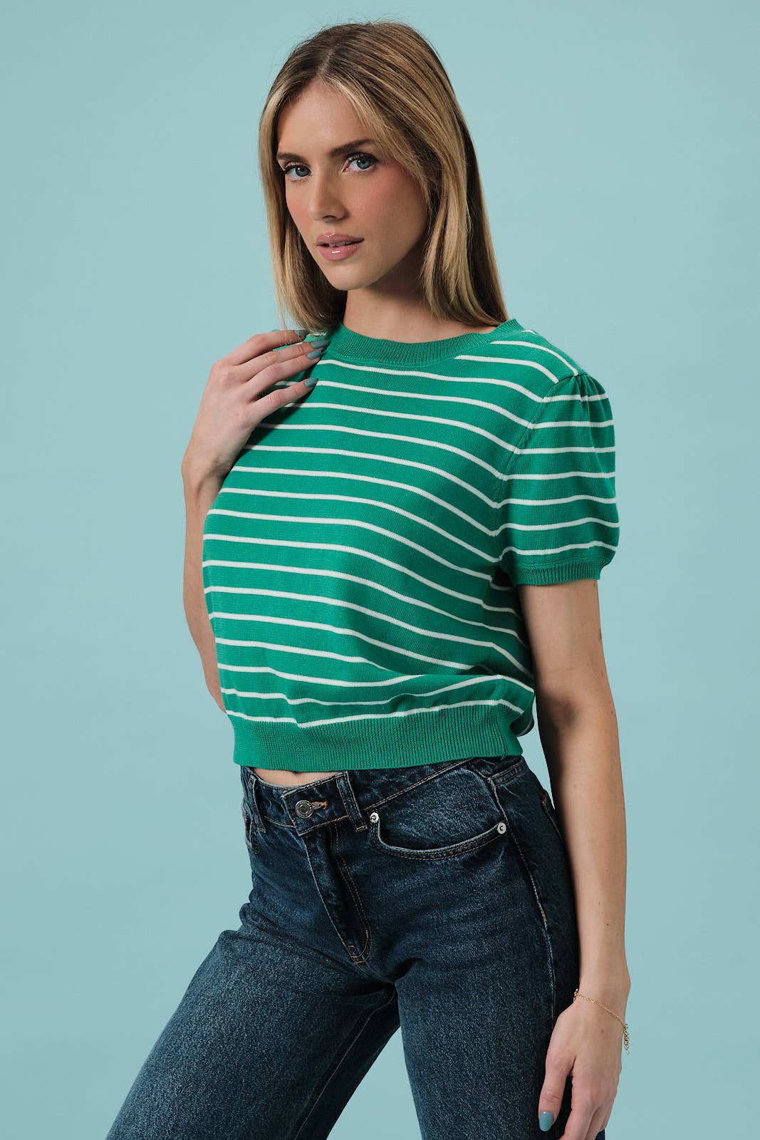 HALF SLEEVE CREW NECK PUFF STRIPED SWEATER TOP
