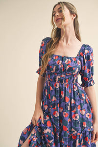 Puff Sleeve Floral Print Midi Dress