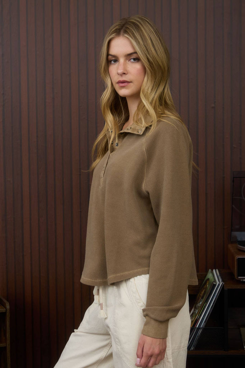 MOCK NECK HALF SNAP BUTTON LONG SLEEVE KNIT TOP