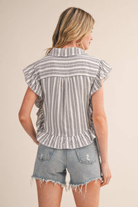 Striped Button Down Top With Scalloped Lace Trim