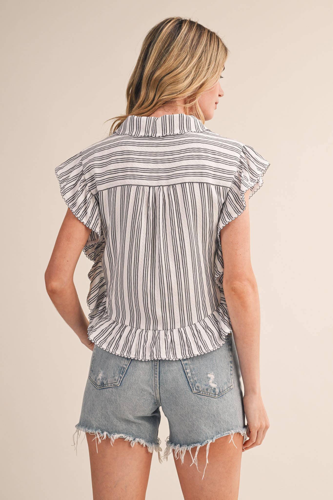 Striped Button Down Top With Scalloped Lace Trim