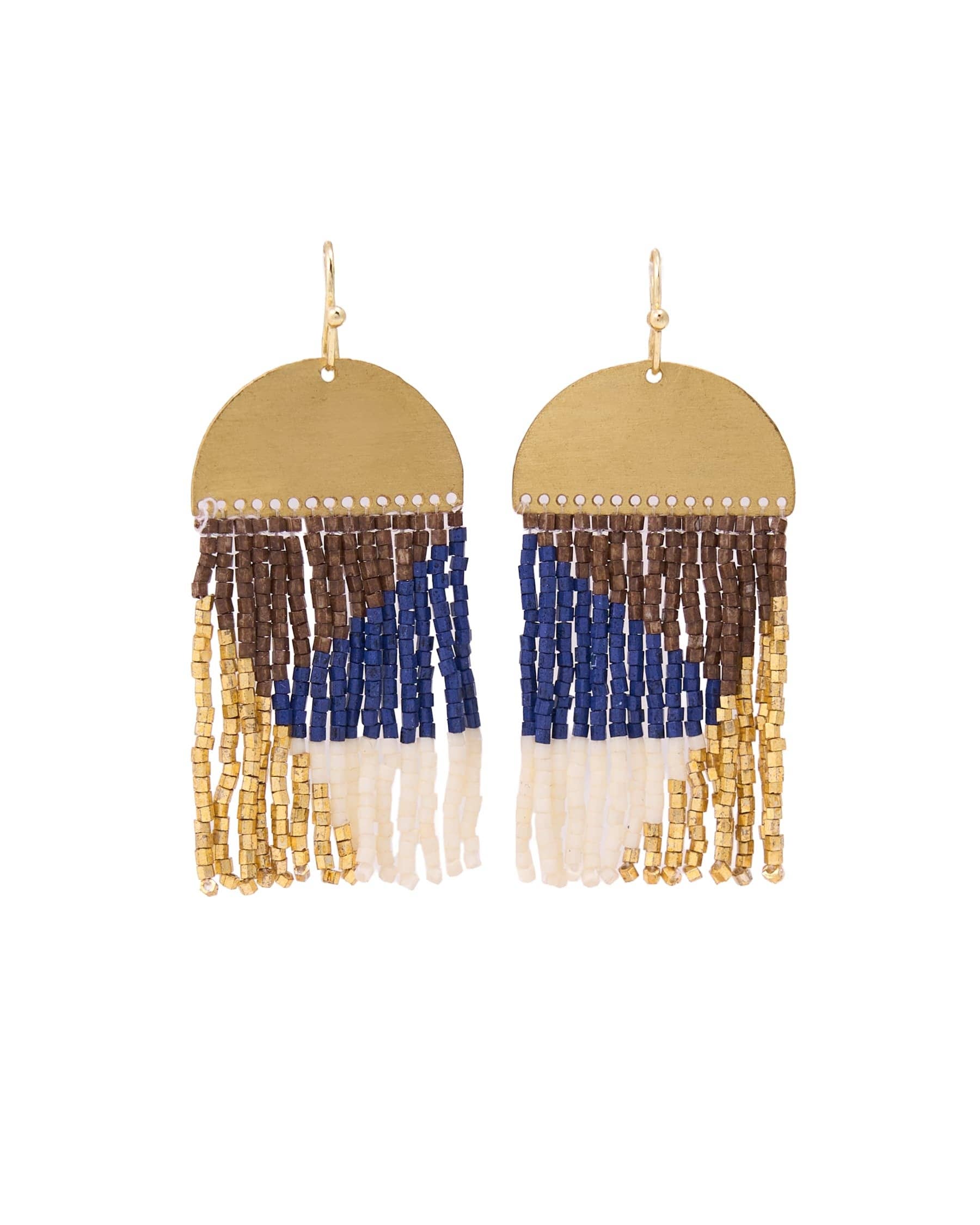 Birdie Geometric Beaded Fringe Earrings Navy, Brown, Ivory, + Gold