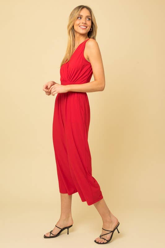 SURPLICE SLEEVELESS WAIST DEFINED CROPPED JUMPSUIT