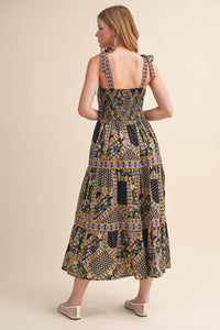 Exclusive Floral Patchwork Tie Strap Midi Dress