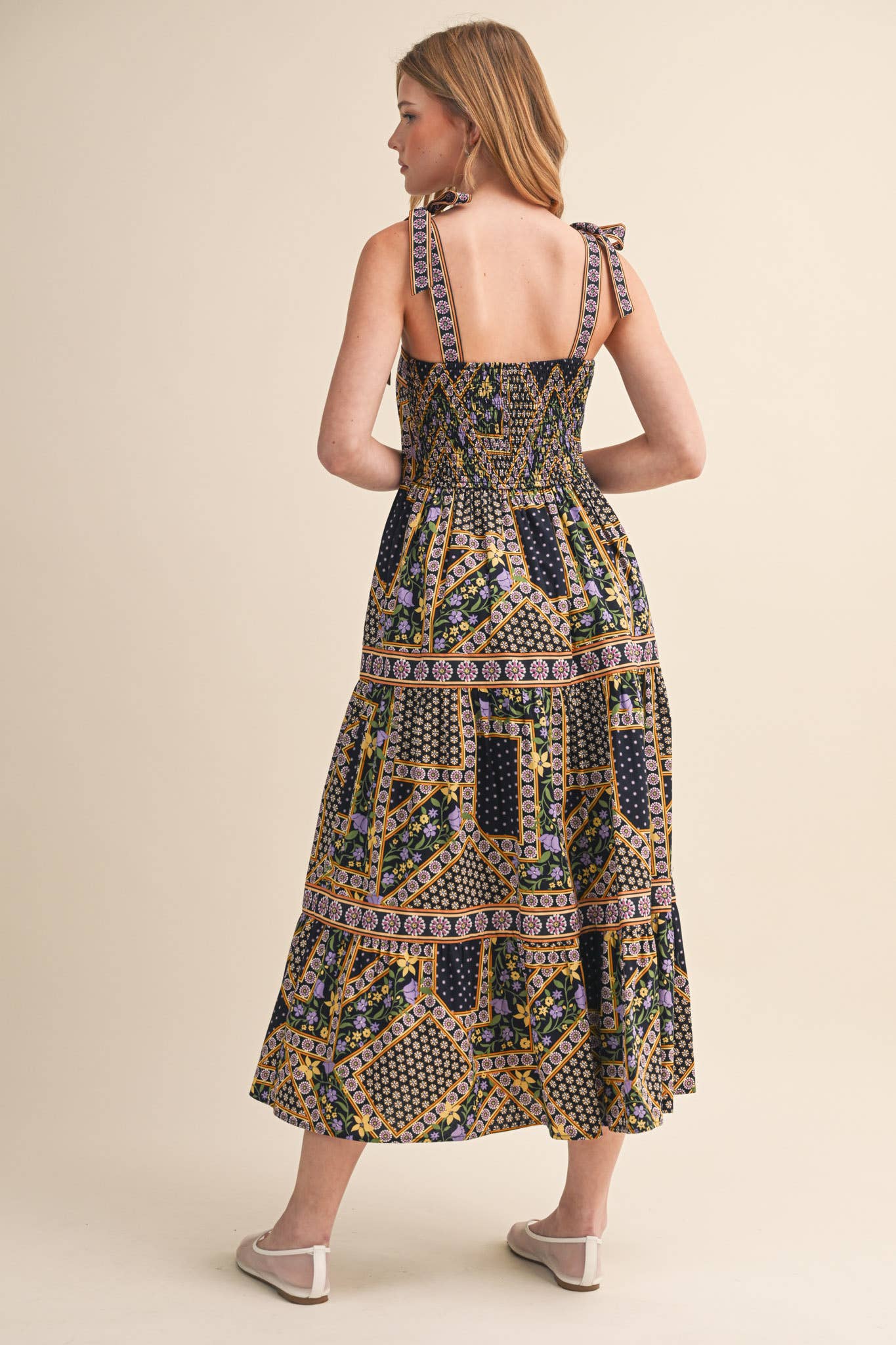 Exclusive Floral Patchwork Tie Strap Midi Dress