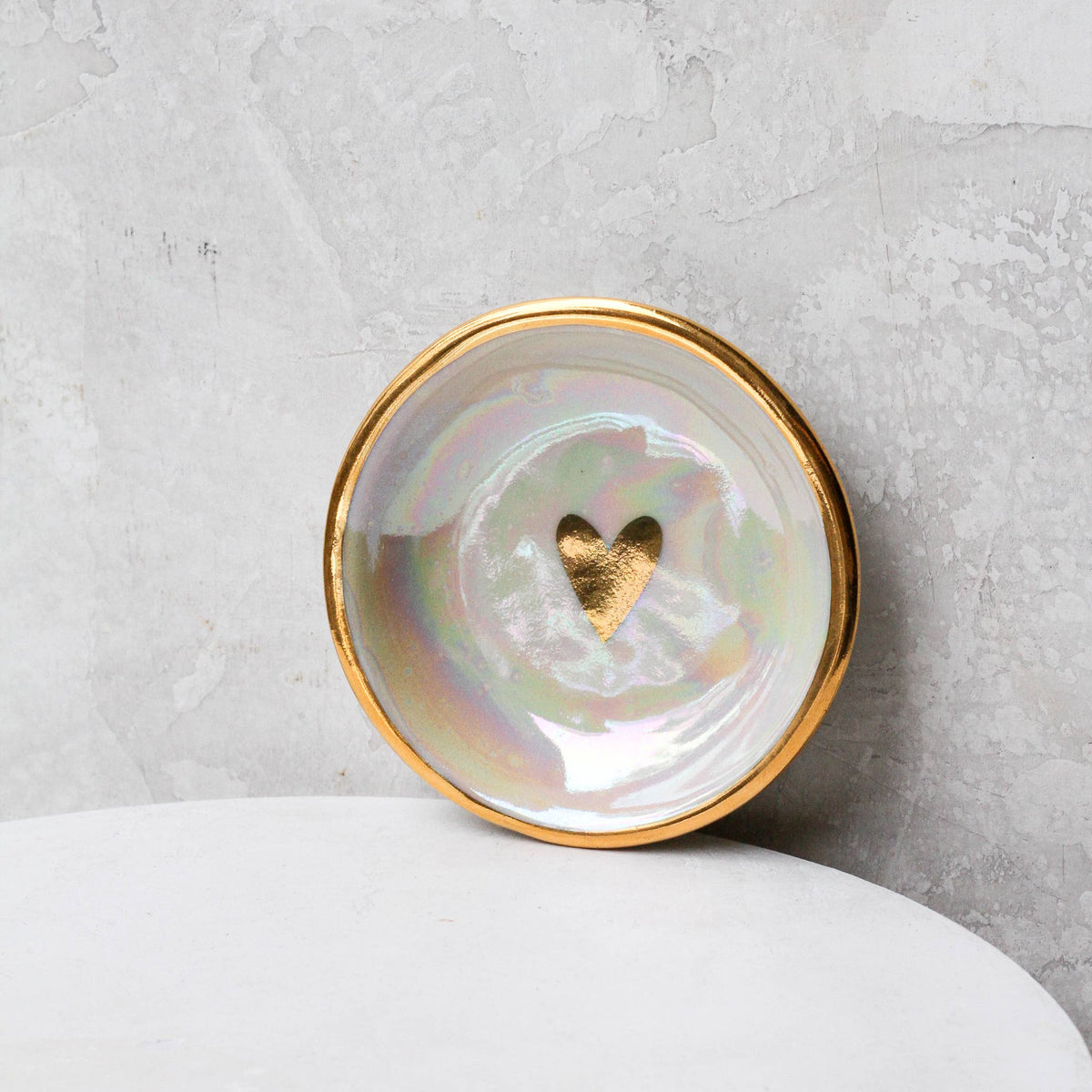 Iridescent Heart Ring Dish | Handmade Pottery with Gold