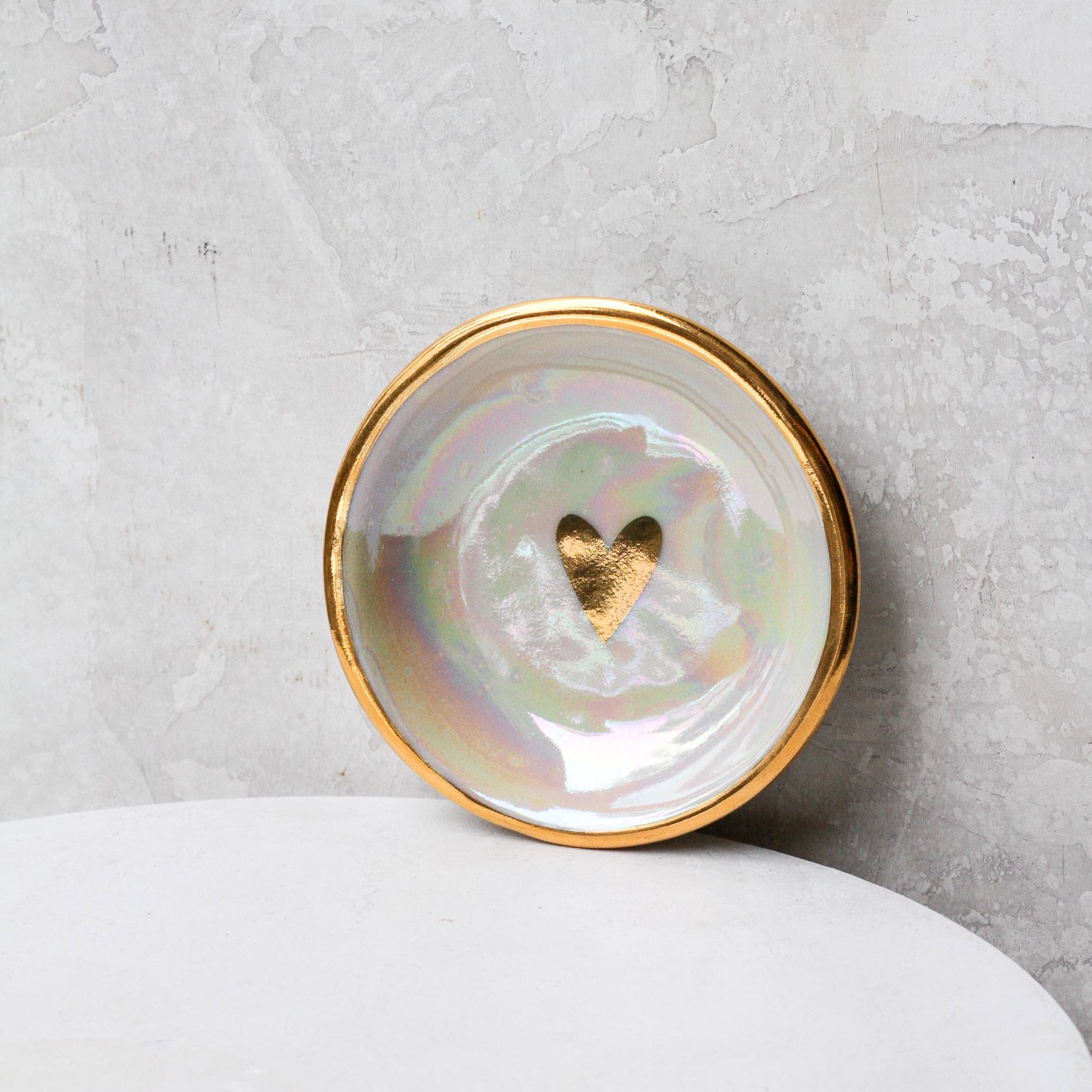 Iridescent Heart Ring Dish | Handmade Pottery with Gold