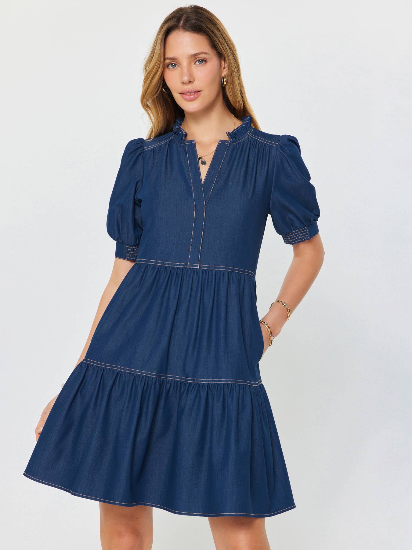 Denim Tiered Short Sleeve Mini Dress
