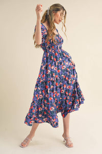 Puff Sleeve Floral Print Midi Dress