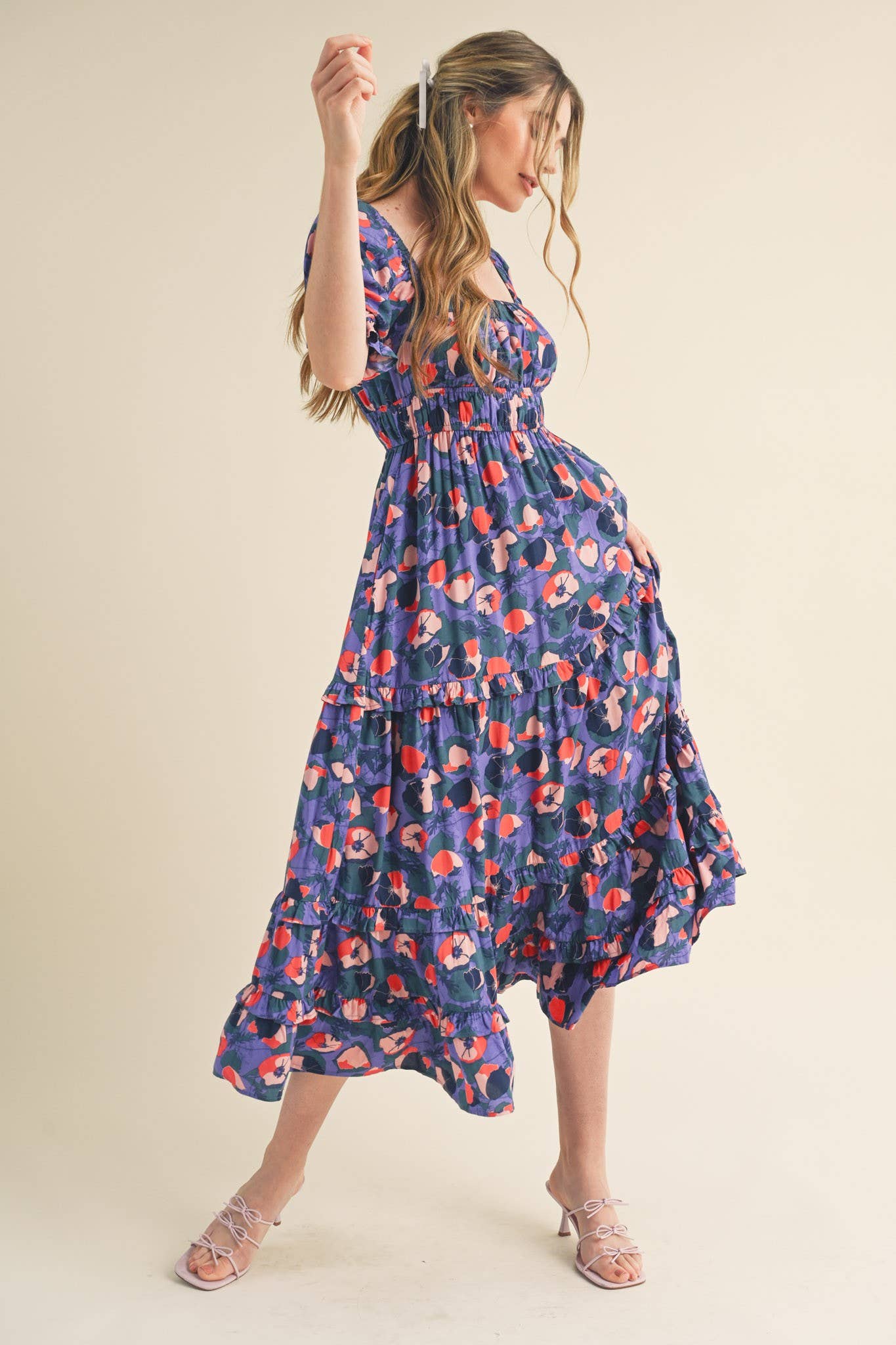 Puff Sleeve Floral Print Midi Dress