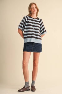 Striped Short Sleeve Sweater Caridgan