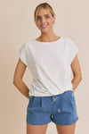 SOLID WOVEN TEE WITH FRONT KNOT DETAIL