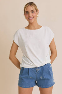 SOLID WOVEN TEE WITH FRONT KNOT DETAIL