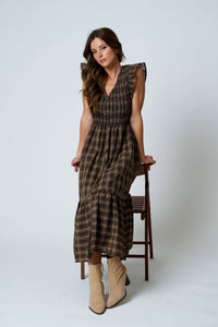 Plaid Smocked V-Neck Button Down Ruffled Midi Dress
