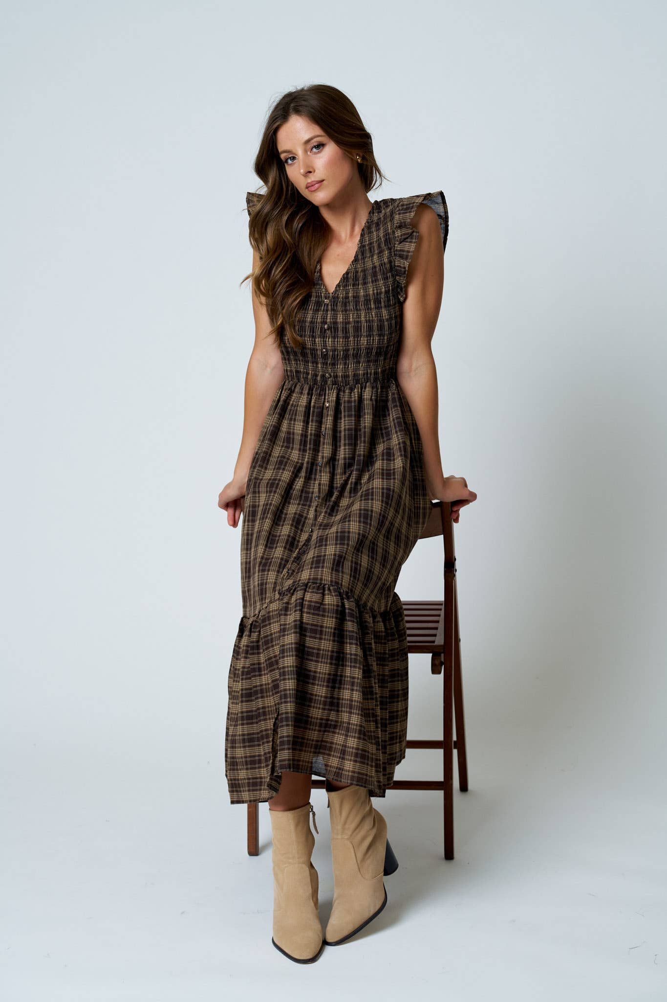 Plaid Smocked V-Neck Button Down Ruffled Midi Dress