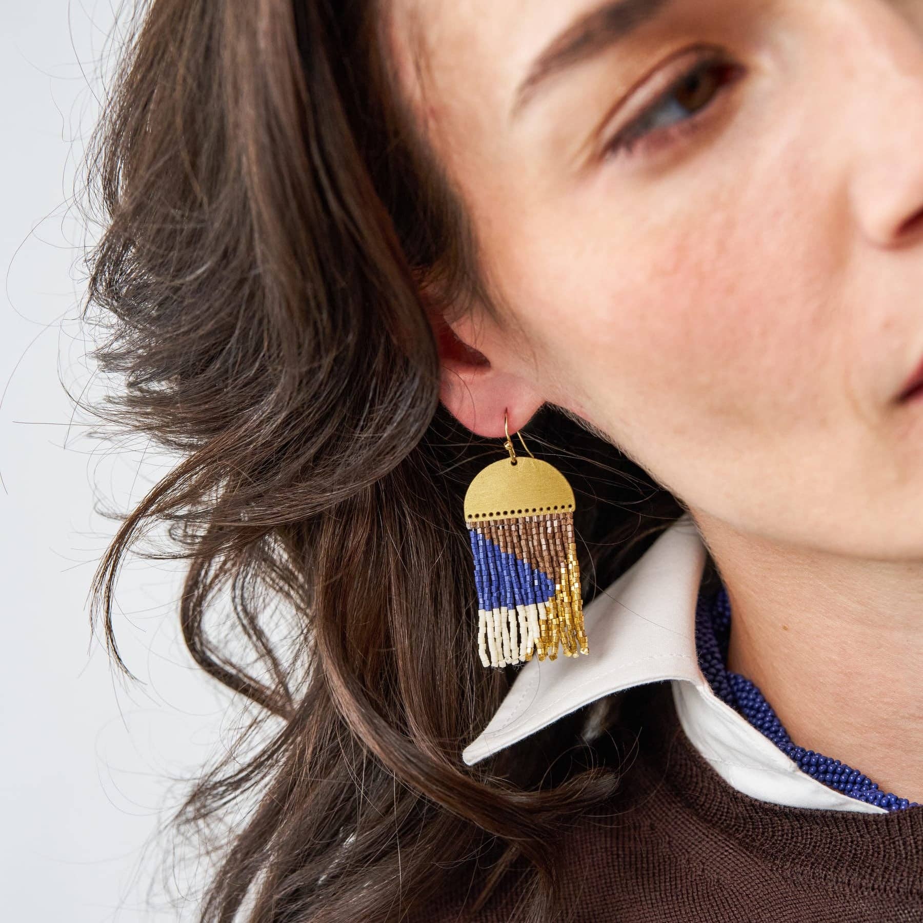 Birdie Geometric Beaded Fringe Earrings Navy, Brown, Ivory, + Gold