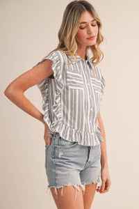 Striped Button Down Top With Scalloped Lace Trim