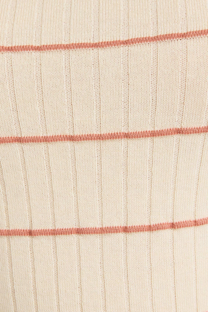 ROUND NECK HALF SLEEVE STRIPE RIBBED TOP