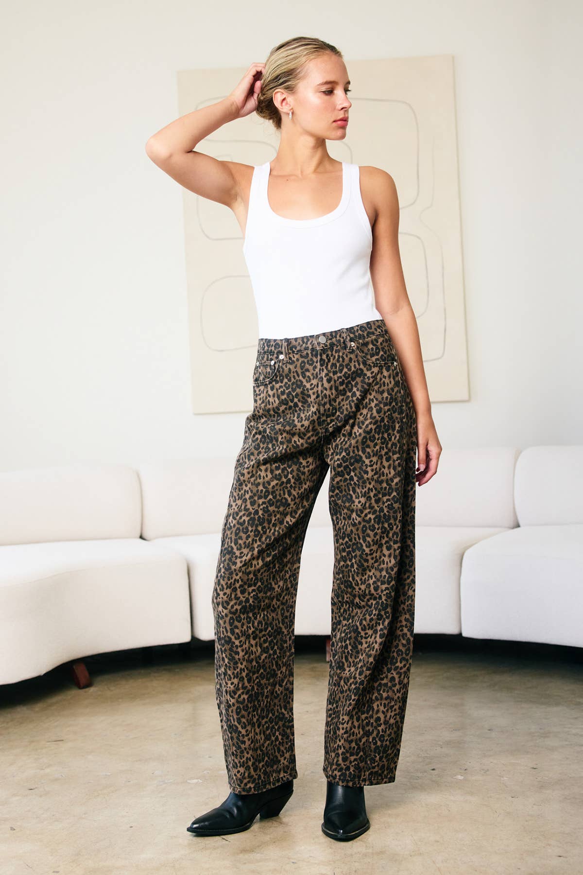 Leopard print barrel pants