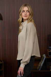 MOCK NECK HALF SNAP BUTTON LONG SLEEVE KNIT TOP