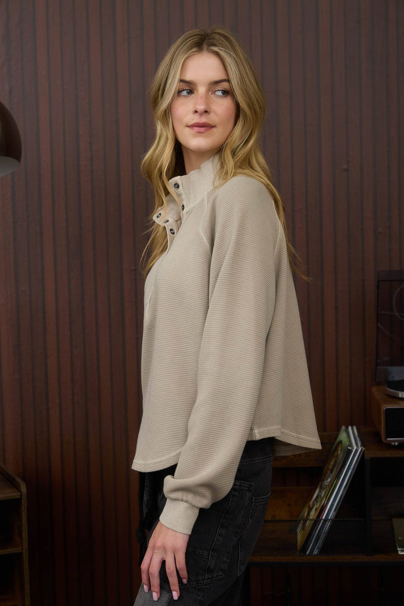 MOCK NECK HALF SNAP BUTTON LONG SLEEVE KNIT TOP