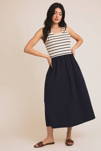 ROUND SCOOPED NECK SLEEVELESS KNIT + WOVEN MIX DRESS