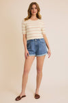 ROUND NECK HALF SLEEVE STRIPE RIBBED TOP