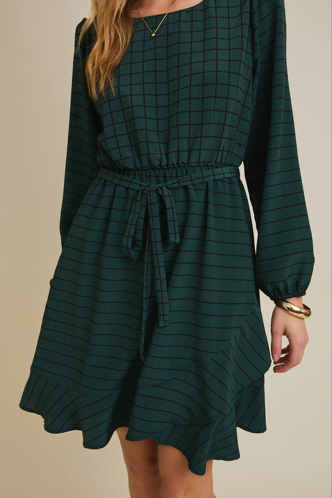 ROUND NECK LONG SLEEVE WAIST TIE GRID MINI DRESS
