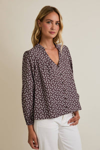 NOTCH NECK PUFF LONG SLEEVE BUTTON UP ABSTRACT TOP