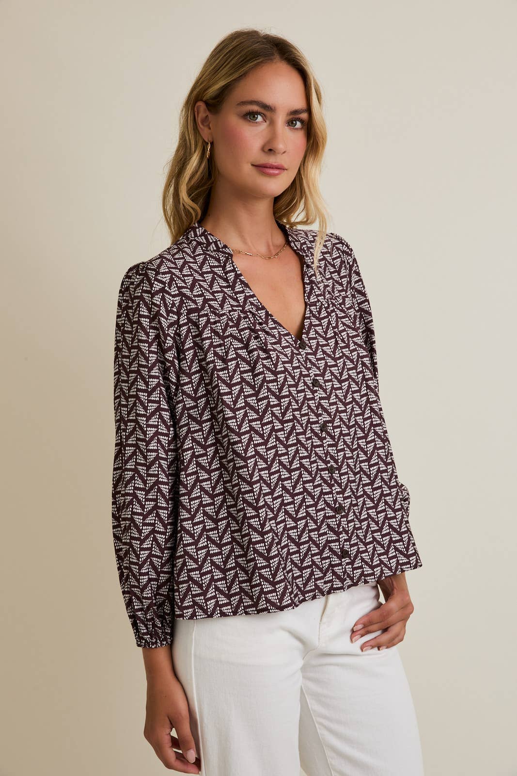 NOTCH NECK PUFF LONG SLEEVE BUTTON UP ABSTRACT TOP