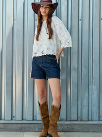 Eyelet Embroidered Scallop Hem Tee