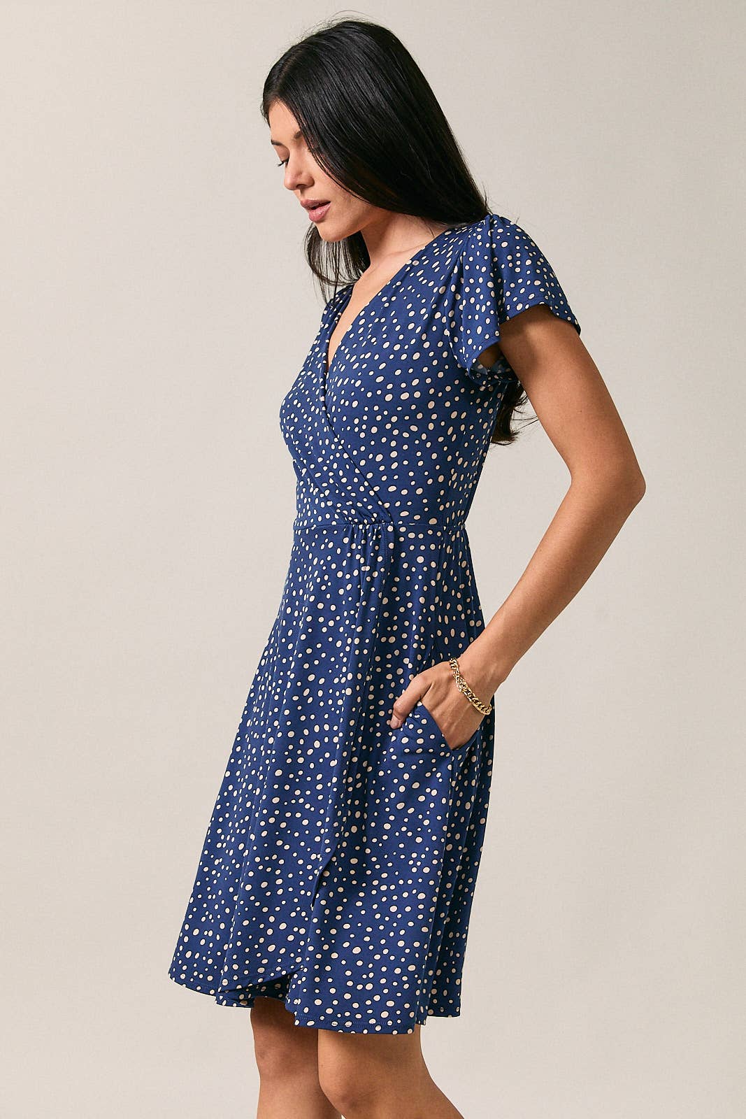 SURPLICE V NECK FLUTTER FAUX WRAP DOT PRINT MINI DRESS