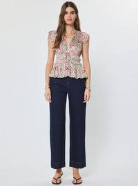 Printed Pleated Peplum V-neck Blouse