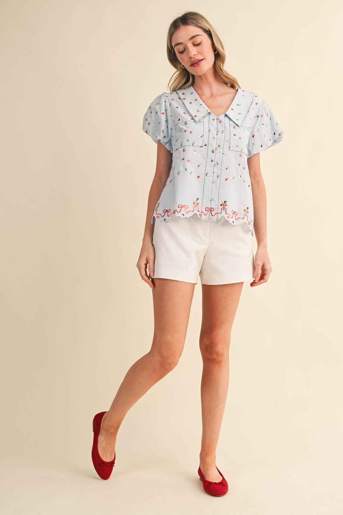 Embroidered Floral Bubble Sleeve Button Down Top