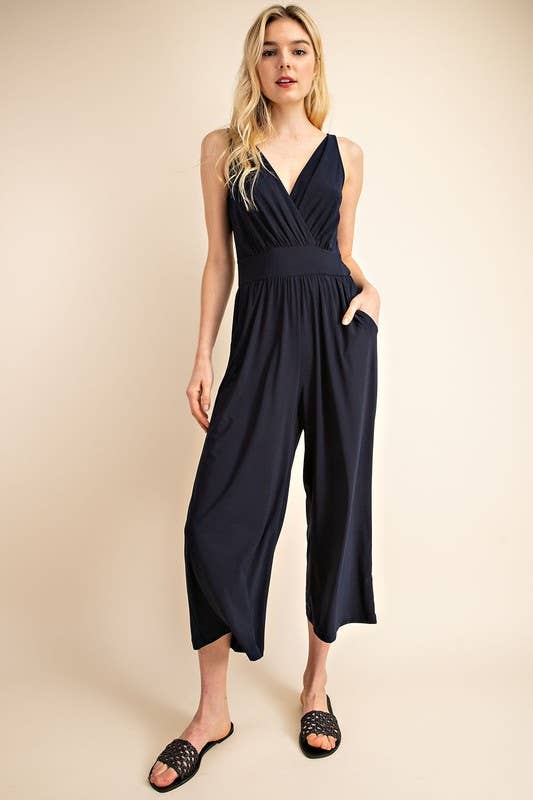 SURPLICE SLEEVELESS WAIST DEFINED CROPPED JUMPSUIT