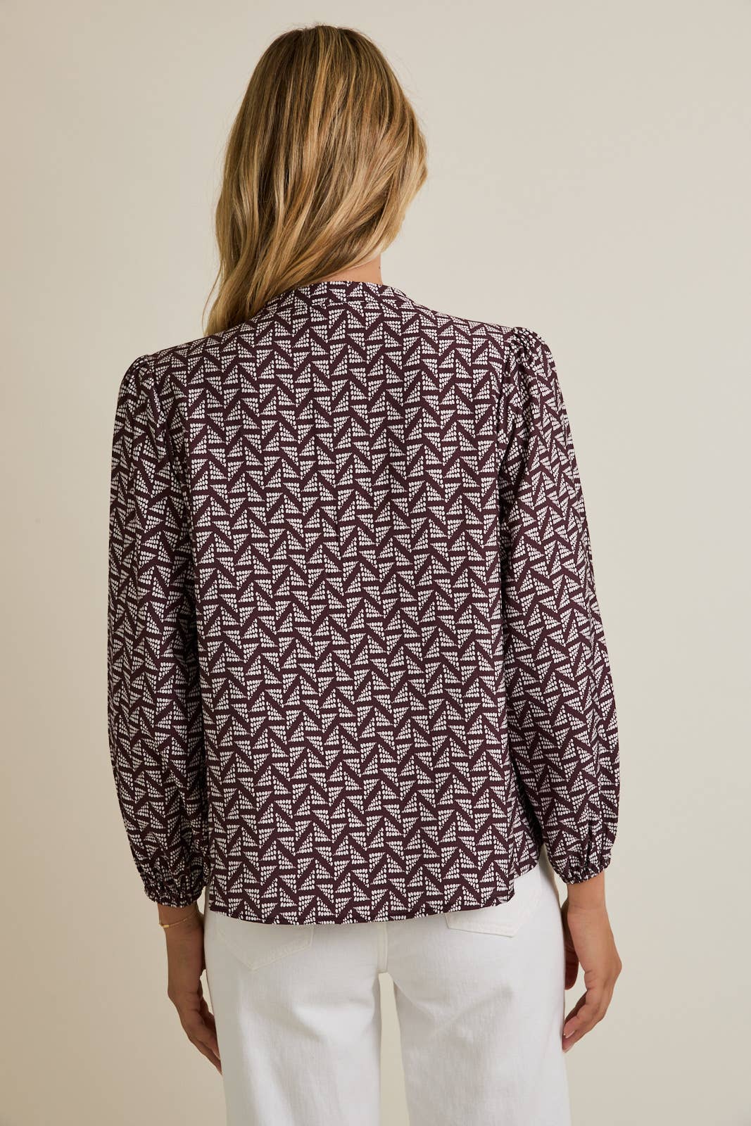 NOTCH NECK PUFF LONG SLEEVE BUTTON UP ABSTRACT TOP